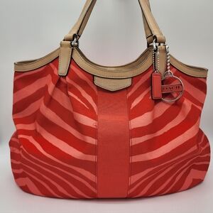 Coach Signature Devin Stripe Zebra Print Tote Shoulder Bag Red Orange